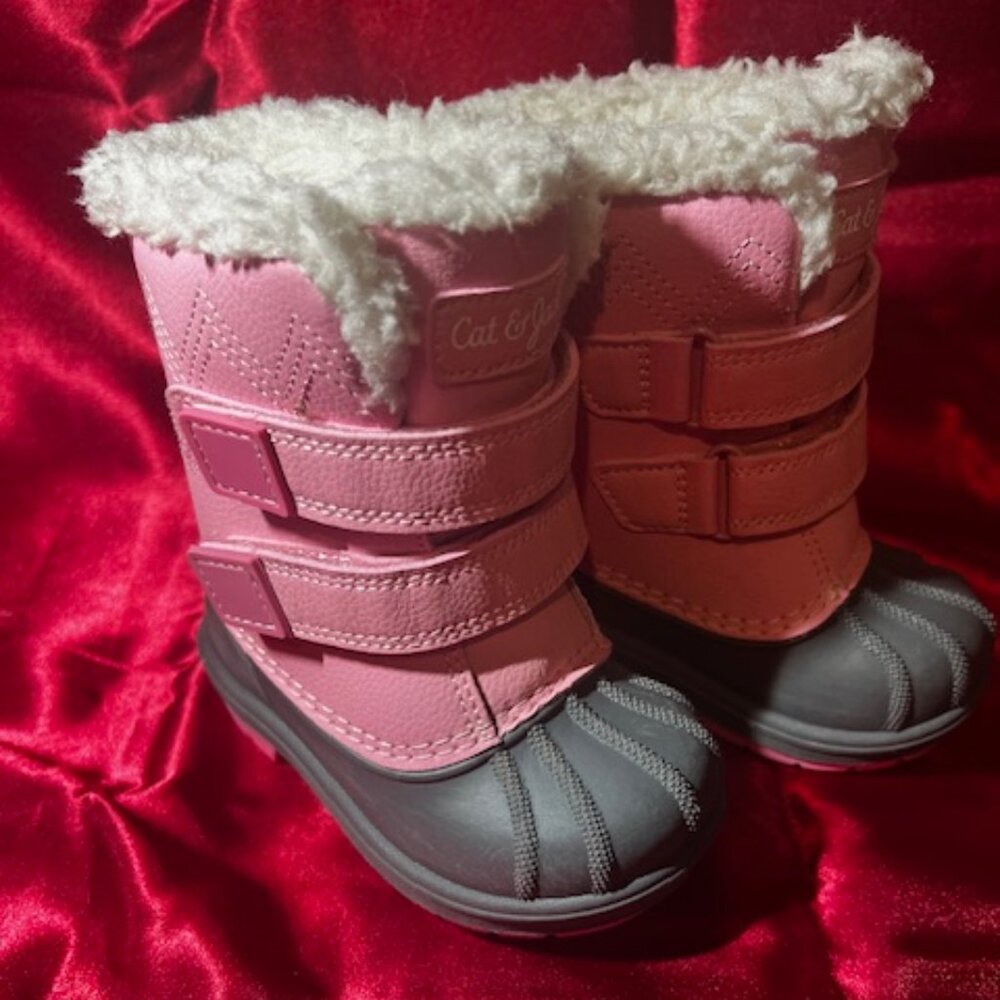 Cat & Jack Snow Boots Kids Size 5 Pink Gray Good Faux Fur Lined Duck Boots